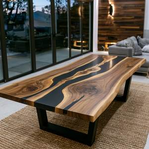 Table de salle à manger moderne en noyer noir et résine époxy, bord naturel, durable, pour hôtel et atelier, fabriquée à la main - Product Image 2