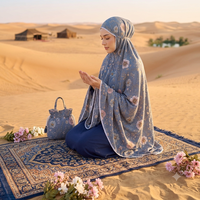 Robe de prière musulmane pour femmes en rayonne de qualité supérieure, bleu poussière indonésien, à motifs floraux, ensemble deux pièces avec sac de rangement assorti à cordon de serrage