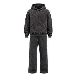 Ensemble de survêtement unisexe ample en molleton 100 % coton, style vintage délavé à l'acide, avec sweat à capuche et pantalon évasé, personnalisable avec logo - Product Image 1