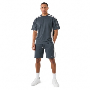 Men's Color Blocking Crew Neck T-Shirt <b>Set</b> With Side Stripes Breathable <b>Knitted</b> Polyester Cotton Shorts Summer Casual Wear - Product Image 1