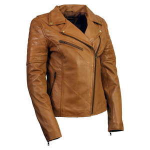<b>Womens</b> <b>Tan</b> Leather Motorcycle Biker <b>Jacket</b> Quilted Long Sleeve Zipper Windproof Coat Quality Custom Design Wholesale Supplier - Product Image 3