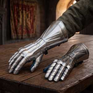 Gants de guerrier médiévaux en acier plaqué argent, style antique, objets de collection d'art de forge. - Product Image 3