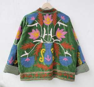 Premium Dynamic Statement Piece <b>Velvet</b> Suzani Embroidered Jacket Flower Vase Boho Short <b>Coat</b> Long Sleeves Mandarin Collar Blazer - Product Image 4