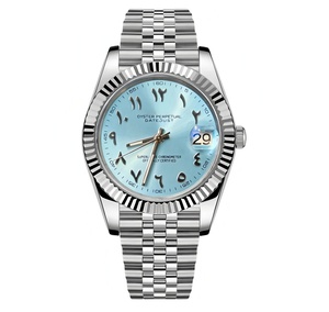Montre Dayjusts Silver Iceblue avec logo, mouvement Seiko NH35, cadran MOD, bracelet en cuir, acier inoxydable, 41 mm - Product Image 1