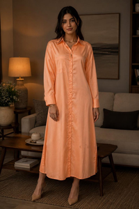 Women's Cotton <b>Shirt</b> Dress, Peach Button-Down Tunic, Long Sleeve, Elegant Style - Product Image 1