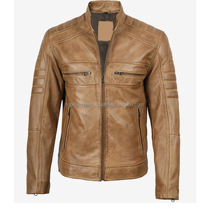Chaqueta de Cuero Genuino de Vaca Marrón para Hombre, Premium, OEM, con Cuello Alto, Cierre de Cremallera, Corte Regular, Estilo Motero, para Invierno - Product Image 1