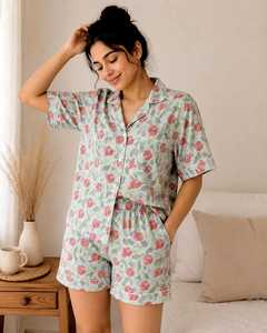 Conjunto de Pijama de Manga Corta con Estampado Floral para Mujer, 100% Algodón, Transpirable, Informal, Ropa de Dormir de Verano, Conjunto de Dos Piezas con Pantalones Cortos - Product Image 1