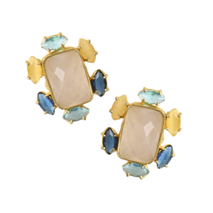 Boucles d'oreilles clous en quartz rose plaqué or 18 carats, laiton, pierres précieuses vintage, vente en gros - Product Image 5