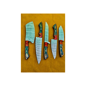 Juego de 5 cuchillos de cocina de acero de Damasco hechos a mano con hoja azul y mango de madera bicolor - Product Image 4