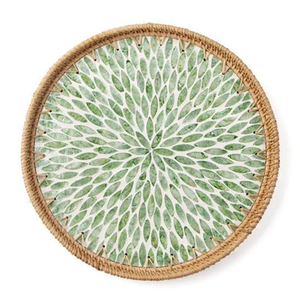Round woven two-tone rattan decorative tray featuring <b>tall</b> loop <b>side</b> handles, available at wholesale prices. - Product Image 2