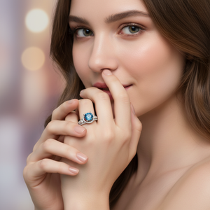 Anillo Solitario de Diamante Azul y Zafiro de 1.50TCW con Halo de Oro Blanco de 14K |   Anillo de Compromiso, Joyería Fina, Regalo de Lujo para Mujer - Product Image 2
