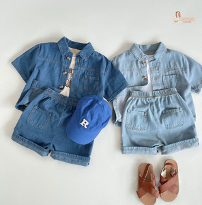 Denim Short Sleeve Shirt With Shorts Set For Kids Casual Wear Solid Color Turn-down Collar Pockets Regular - Product Image 2