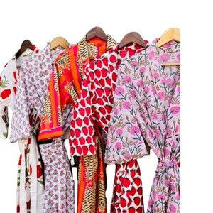 Bata Kimono de Algodón con Estampado Floral, Larga, Cuello Mandarín, Cierre con Cordón, Suave y Holgada, Ropa de Estar por Casa para Primavera - Product Image 1