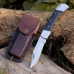UA Supplies Industrial Grade High Polish Carbon Steel Back <b>Lock</b> Folding Pocket Knife Bull Horn Handle Leather Pouch Knives - Product Image 1