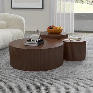 Juego de 3 Mesas de Centro Redondas Modernas con Diseño Acanalado, Color Marrón Oscuro de Lujo, para Sala de Estar - Product Image 2