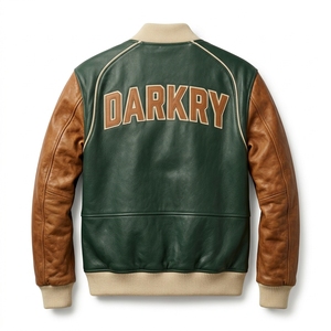 Genuine Cowhide <b>Leather</b> Varsity <b>Jacket</b> Green <b>Brown</b> Color Block College Baseball Coat For <b>Men</b> Oversized Streetwear - Product Image 2
