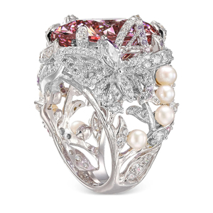 Anillo de cóctel de morganita de lujo para mujer con perlas de agua dulce y detalles de diamantes, diseño de flor en plata 925, joyería para fiesta. - Product Image 3
