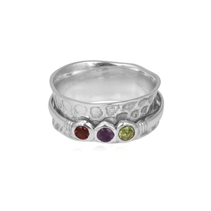 3 Stone 925 Sterling Silver Minimalist <b>Spinner</b> <b>Ring</b> Hammered Wide Band Bezel Set Gemstone Meditation Anxiety <b>Ring</b> for Women - Product Image 1