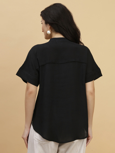 Blusa de Manga Corta con Cuello Mandarín para Mujer, Color Negro, Corte Holgado, Informal, de Popelina, con Botones - Product Image 2