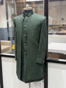 Sherwani en soie verte pour homme, tenue de mariage traditionnelle, coupe régulière, longueur mi-longue, style ethnique Inde Pakistan, infroissable - Product Image 2