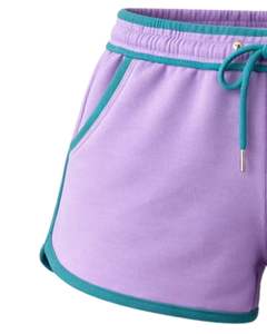 Shorts en molleton de coton personnalisés pour femme, lavande avec contraste bleu sarcelle, taille élastique, décontractés, pour l'été, sport et détente, fabricant - Product Image 3