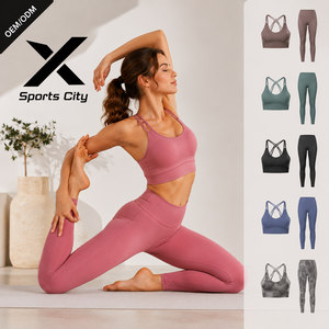 Ensemble de yoga 2 pièces pour femme, bretelles croisées, col rond, taille haute, longueur intégrale, sans couture, couleur unie, respirant, tenue d'entraînement - Product Image 1