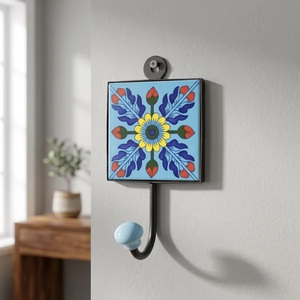 Handmade Ceramic Wall Hook with Floral <b>Tile</b> Design Blue Yellow Pattern Vintage Style Multifunction <b>Self</b>-<b>adhesive</b> Single Hook - Product Image 3