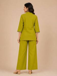 Ensemble ethnique vert olive pour femmes avec broderie, manches trois quarts, coupe ample, décontracté, toutes saisons, style Inde Pakistan - Product Image 4