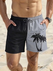 Short de plage bicolore pour hommes avec imprimé palmiers, séchage rapide, cordon de serrage à la taille, poches, gris et noir - Product Image 1