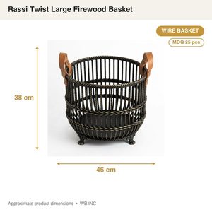 Cesta Grande Hecha a Mano de Alambre de Hierro de 46 cm, Negra con Acabado de Latón Antiguo, Diseño de Trenzado Vertical Rassi, para Decoración del Hogar y Uso en Garajes - Product Image 3