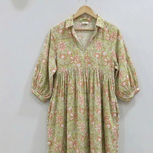 Hand Block Print Cotton Midi <b>Dress</b> Women <b>Summer</b> <b>Boho</b> Floral Casual Loose Fit Handmade Indian <b>Dress</b> Breathable Soft Fabric - Product Image 1