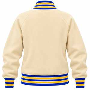 Chaqueta universitaria de forro polar para mujer en blanco roto, azul real, amarillo y blanco con bordado de chenilla, forro de cinta personalizado y cremallera completa, estilo casual. - Product Image 5