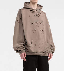 Hoodie oversize de luxe avec patch brodé effet vieilli, streetwear d'hiver, sweat à capuche en polaire à manches longues avec déchirures en jean - Product Image 4