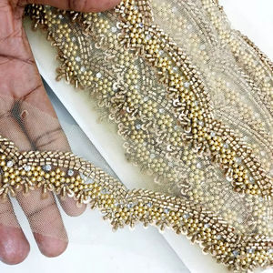 Encaje de Miel de Lujo Ecológico con Cuentas, Tela de Encaje con Bordado Francés y Patrón Geométrico para Vestidos de Novia Elegantes y de Noche - Product Image 1