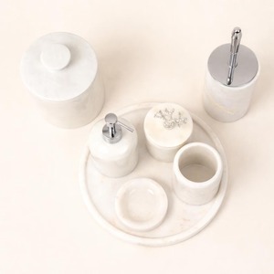 Newest Design Marble Bathroom Set Six-Piece Round Minimalist Soap Dispenser Toothbrush Holder Tray Easy To Clean - Product Image 3