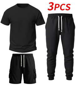 Men's Black Casual 3PCS Hoodies Jogger Shorts Set Crew Neck Solid Color Knitted Breathable Quick Dry High Quality Autumn Wear - Product Image 2
