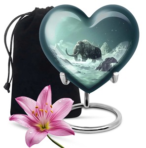 Urna con forma de corazón de mamut lanudo con base de metal plateado, urna clásica para guardar cenizas de adultos, urna decorativa con forma de corazón. - Product Image 1