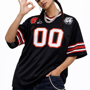 เสื้อฟุตบอลอเมริกันผู้ชายขนาดใหญ่พิเศษสีดำแดง คอวี ผ้าโพลีเอสเตอร์ตาข่าย ชุดทีม ผลิตตามสั่ง OEM ผลิตจำนวนมากจากโรงงาน - Product Image 6