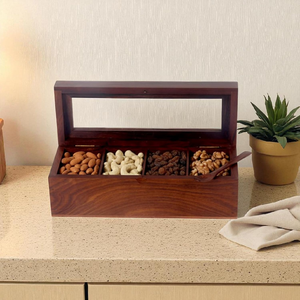 Boîte à épices en bois avec 4 grands compartiments et cuillère, boîte à masala de cuisine, boîte à épices en bois Namak Dani, récipient de rangement pour épices multifonctionnel - Product Image 5