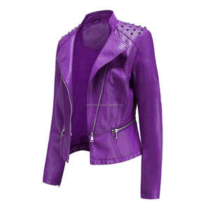 Purple Casual Biker Style <b>Leather</b> Women's Jackets with Round Studded Shoulders Slim Fit Asymmetrical Zipper and Pockets - Product Image 3