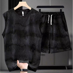 Men's Two-Piece Knitted Cotton Acid Wash Short Set Sleeveless Men's T-Shirt Raw Edge Sweat Shorts for Summer Formal 3D Pattern - Product Image 6