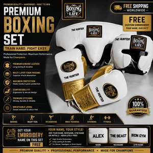 NO BOXING NO LIFE Ensemble de boxe Premium en cuir de vachette blanc et or, comprenant des gants, un protège-tête et une protection inguinale, léger, écologique et gratuit - Product Image 1