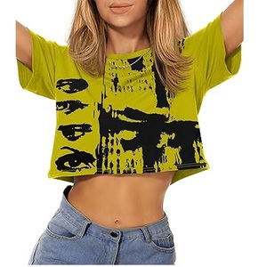 Camisetas Cortas de Algodón para Mujer con Estampado Puff Personalizado, Estilo Vintage Casual, Lavado Ácido, Fabricante de Camisetas Cortas para Dama - Product Image 1