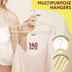 Pack de cintres en velours mince beige 140 crochets chromés rotatifs à 360 degrés antidérapants épaules crantées cintres portables robustes - Product Image 2