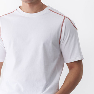 T-shirt blanc à manches courtes pour homme, col rond, coupe classique, bordure contrastée, tricoté, 100 % coton, décontracté, respirant, écologique, séchage rapide - Product Image 5