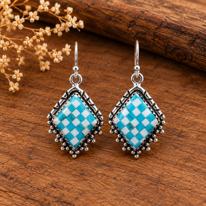 Pendientes de Piedra Azul a Cuadros Estilo Bohemio Occidental Hechos a Mano, Joyería de Gema de Diseño Único, Pendientes de Moda - Product Image 4