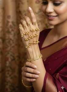 <b>Gold</b> Plated Brass Hand Chain <b>Adjustable</b> Bangle Floral Beaded Rings Chain link <b>Bracelet</b> for Women Party Jewelry - Product Image 1
