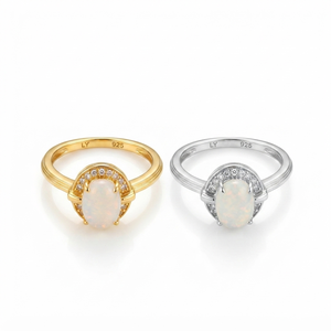 Unisex 925 Silver Oval <b>Opal</b> <b>Ring</b> with Round Brilliant Cut Pave White Zircon Halo Prong Setting Classic Engagement Wedding Band - Product Image 5