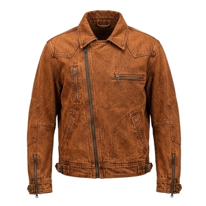 Chaqueta de lona lavada marrón para hombre, estilo motero, con cremallera desviada, puños de doble hebilla, efecto vintage desgastado, abrigo de motociclista. - Product Image 1