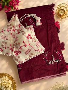 Sari en soie brodé pour femme, avec chemisier Khadi cousu, pallu à franges, tenue ethnique traditionnelle, sari moderne à séchage rapide, robe de fête - Product Image 2